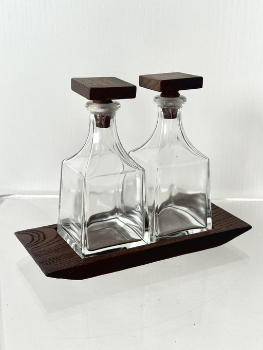 Teakhouten azijn olie set glas jaren 60 Deens design