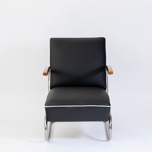 Vintage Bauhaus fauteuil in verchroomd staal en hout van Mücke en Melder, 1930