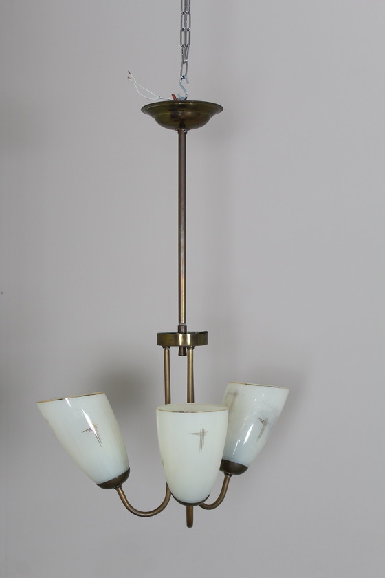 Image 1 of Vintage Hanglamp, 3-Armig - Messing, Glas Jaren '50