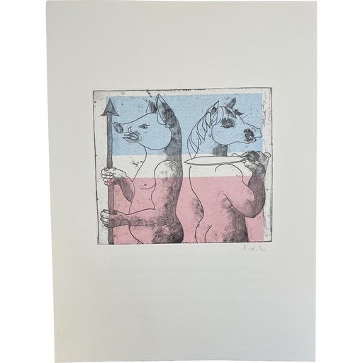 Oude gravure "Paard en zwijn" op papier van François Xavier Lalanne, 2005