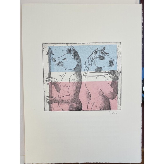 Image 1 of Oude gravure "Paard en zwijn" op papier van François Xavier Lalanne, 2005