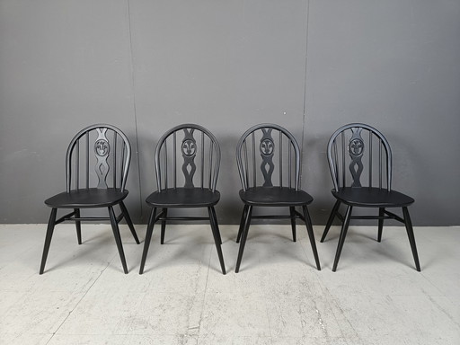 Set van 4 gezwarte Ercol eetkamerstoelen, jaren 1950