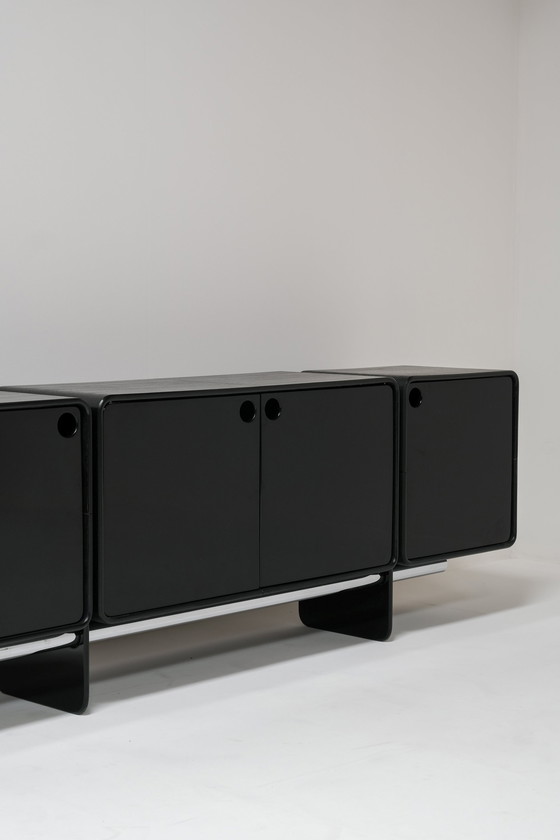 Image 1 of Zeldzaam Belgisch Brutalistisch kabinet uit 1960 in zwart pianolak