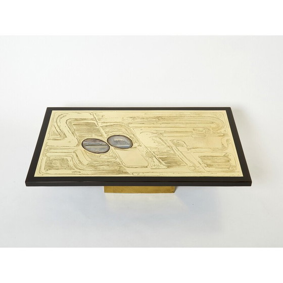 Image 1 of Vintage Belgische salontafel in gegraveerd messing en agaat door Christian Krekels, 1979