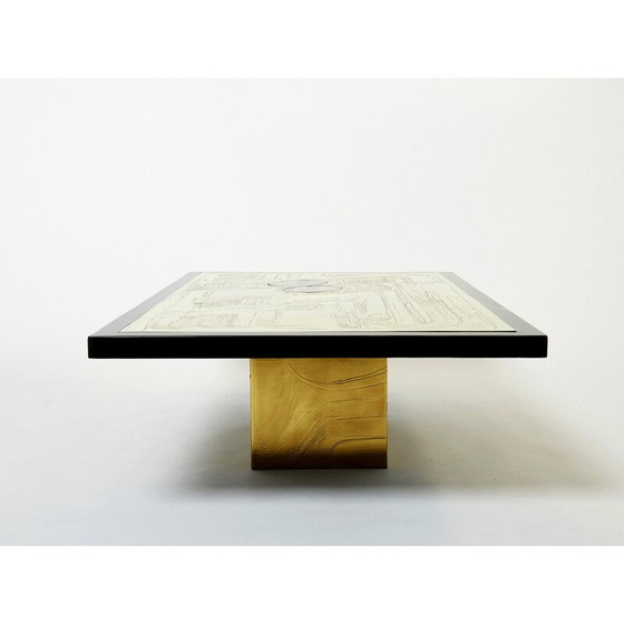 Image 1 of Vintage Belgische salontafel in gegraveerd messing en agaat door Christian Krekels, 1979