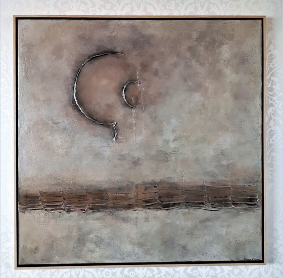 Image 1 of Frances Eckhardt - Abstract figuratief schilderij 100x100 cm + lijst