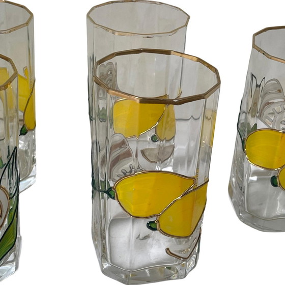 Image 1 of Paul Nagel - Set van 6 - Handbeschilderde (water of limonade) glazen uit de 'Tiffany' serie - Made in Germany