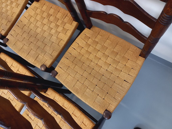 Image 1 of Suite van 6 Vintage Arts & Crafts Antonio Calligaris Stijl Eiken en Touw Stoelen Uit De Jaren 50