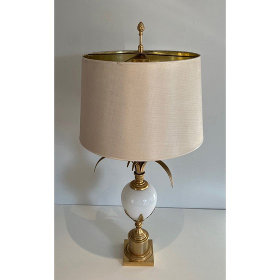 Image 1 of Vintage witte opaline en nikkel vergulde struisvogelei lamp, 1970