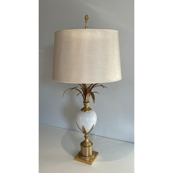 Image 1 of Vintage witte opaline en nikkel vergulde struisvogelei lamp, 1970