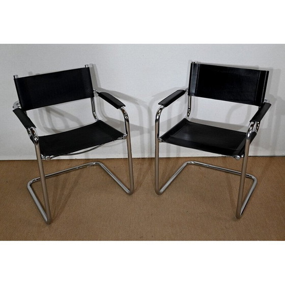 Image 1 of Paar vintage verchroomd metalen fauteuils met zwart lederen zitting en rugleuning van Marcel Breuer, Hongarije 1970