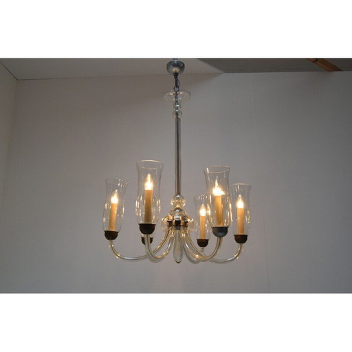 Vintage kroonluchter van glas en metaal, Tsjecho-Slowakije 1930