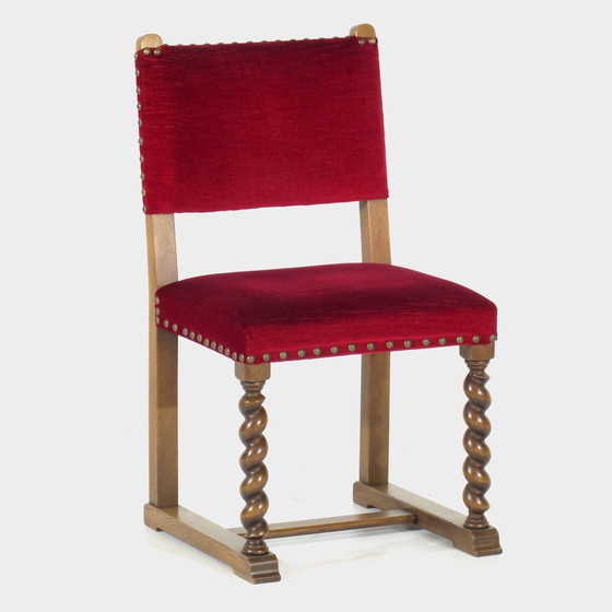 Image 1 of 8X Antieke Eiken Barley Twist Eetkamer Stoelen In Rood Fluweel, 19E Eeuw