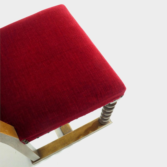 Image 1 of 8X Antieke Eiken Barley Twist Eetkamer Stoelen In Rood Fluweel, 19E Eeuw