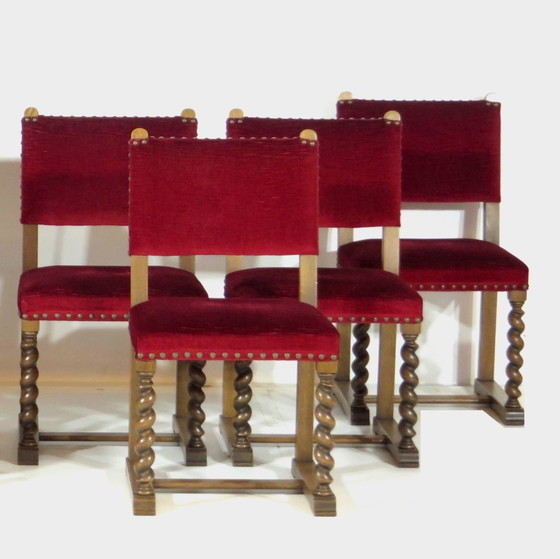 Image 1 of 8X Antieke Eiken Barley Twist Eetkamer Stoelen In Rood Fluweel, 19E Eeuw