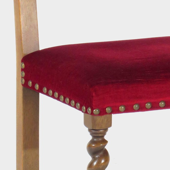 Image 1 of 8X Antieke Eiken Barley Twist Eetkamer Stoelen In Rood Fluweel, 19E Eeuw