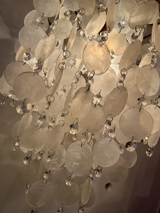 Image 1 of Vintage capiz schelpen hanglamp opaline lamp messing frame 