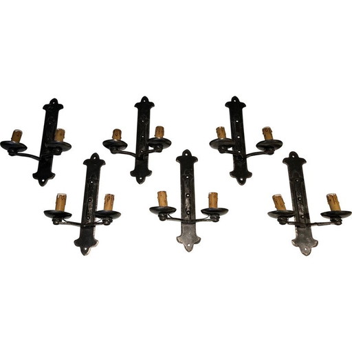 Set van 6 vintage smeedijzeren wandlampen, Frankrijk 1950