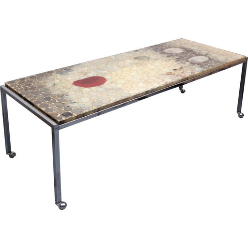 Vintage chromen metalen salontafel met wielen, 1970