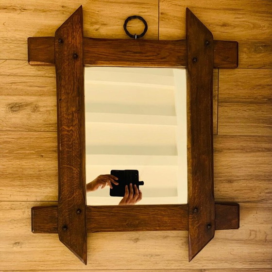 Image 1 of Vintage brutalistische spiegel met massief eiken lijst