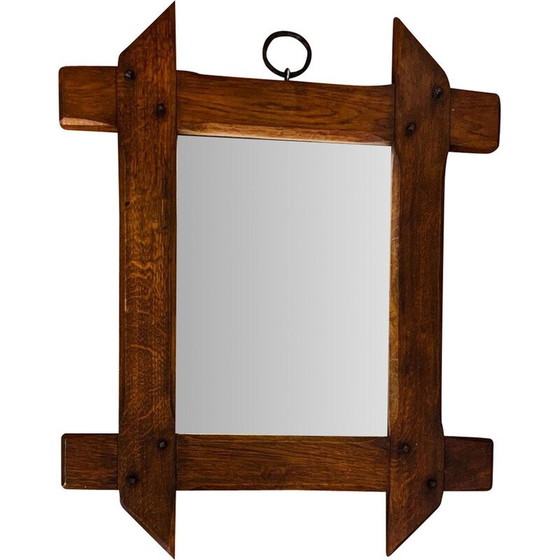 Image 1 of Vintage brutalistische spiegel met massief eiken lijst