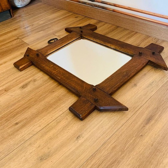 Image 1 of Vintage brutalistische spiegel met massief eiken lijst