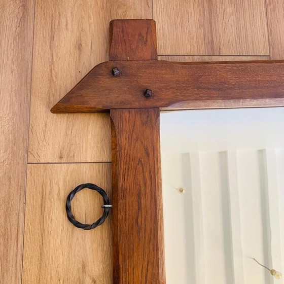 Image 1 of Vintage brutalistische spiegel met massief eiken lijst