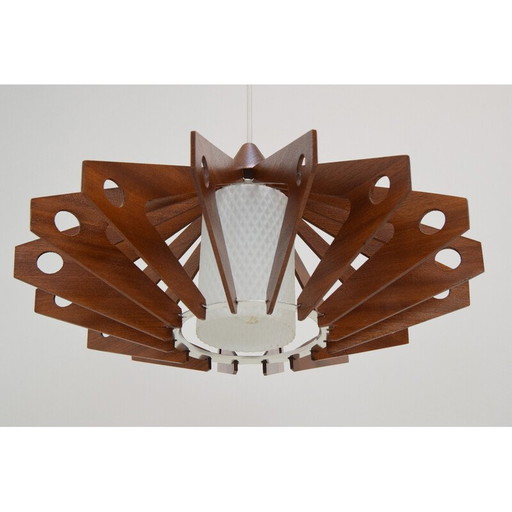 Vintage hanglamp van hout en glas door Drevo Humpolec, Tsjecho-Slowakije 1970