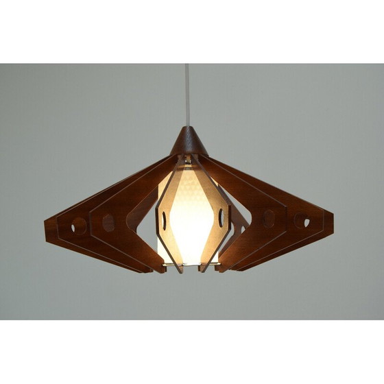 Image 1 of Vintage hanglamp van hout en glas door Drevo Humpolec, Tsjecho-Slowakije 1970