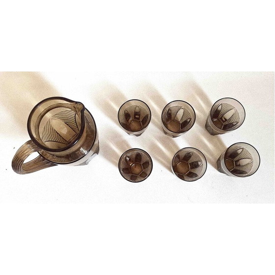 Image 1 of Vintage Art Deco oranje servies in bruin gerookt gegoten persglas