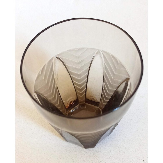 Image 1 of Vintage Art Deco oranje servies in bruin gerookt gegoten persglas