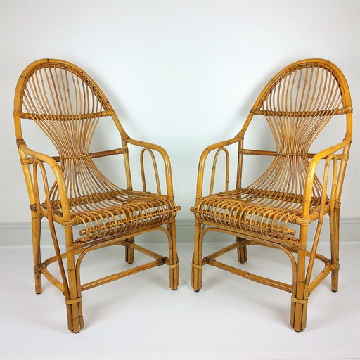 Paar grote vintage bamboe rotan fauteuils 1960