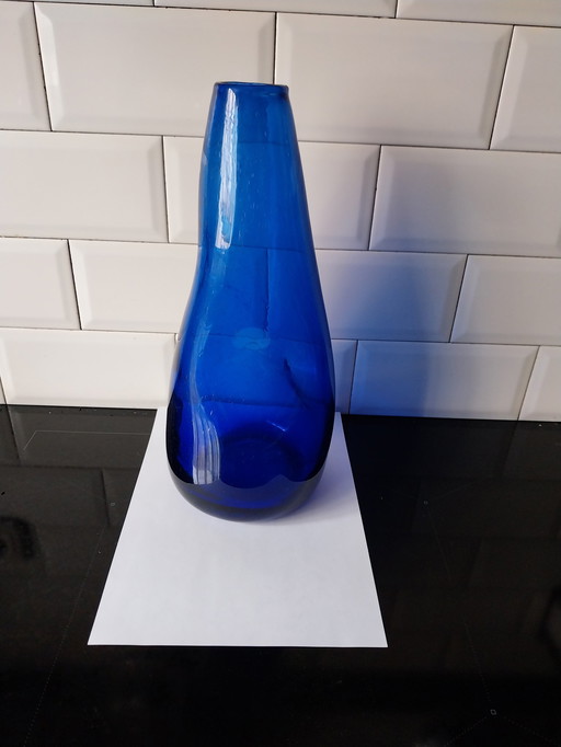 1 X Mondgeblazen Handgevormde Blauwe Murano Vaas 35Cm Hoog 