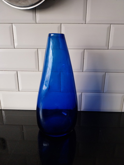 1 X Mondgeblazen Handgevormde Blauwe Murano Vaas 35Cm Hoog 