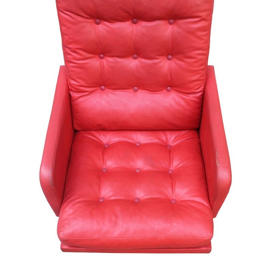 Image 1 of Vintage draaifauteuil in rood leer en staal, Tsjecho-Slowakije 1970