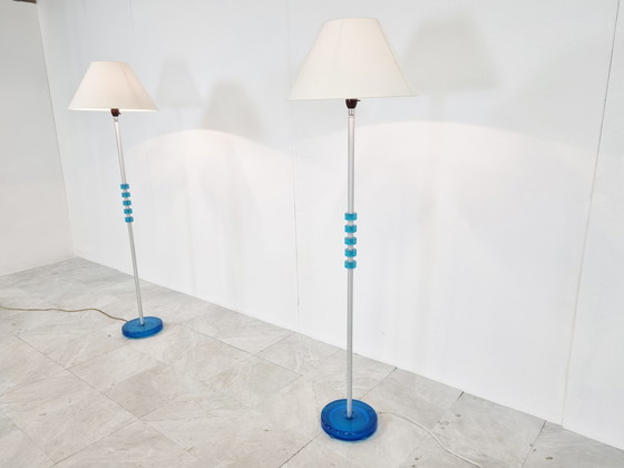 Image 1 of Paar blauwe glazen vloerlampen van Carl Fagerlund voor Orrefors, jaren 60