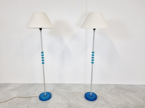 Image 1 of Paar blauwe glazen vloerlampen van Carl Fagerlund voor Orrefors, jaren 60