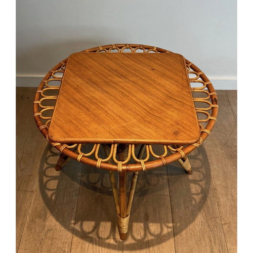 Vintage rotan trampoline salontafel, Frankrijk 1950