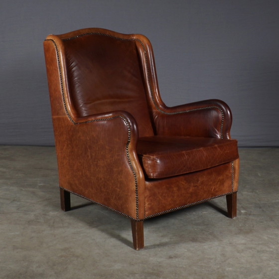 Image 1 of Vintage Lederen Wingback Fauteuil – Bruin – Metalen Nagels