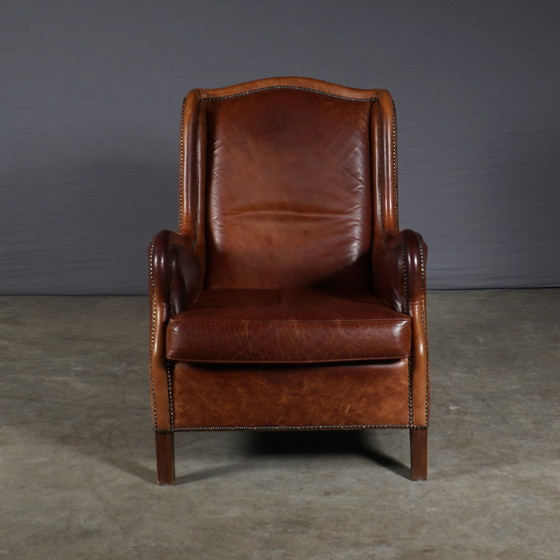 Image 1 of Vintage Lederen Wingback Fauteuil – Bruin – Metalen Nagels