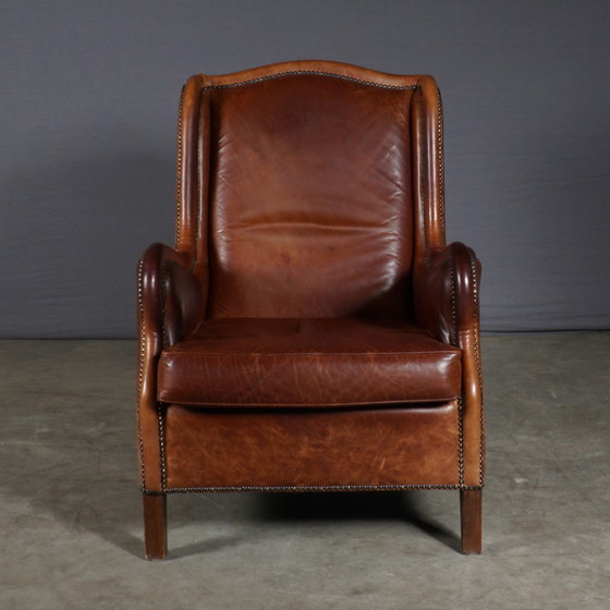 Image 1 of Vintage Lederen Wingback Fauteuil – Bruin – Metalen Nagels