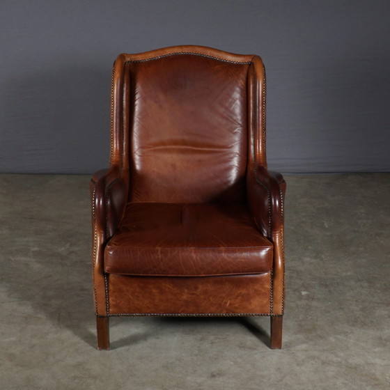 Image 1 of Vintage Lederen Wingback Fauteuil – Bruin – Metalen Nagels