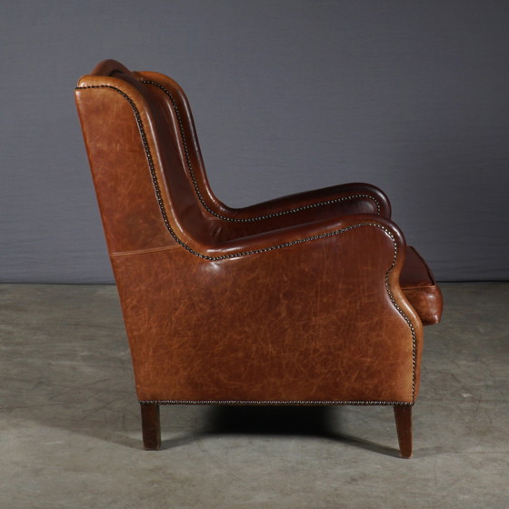 Image 1 of Vintage Lederen Wingback Fauteuil – Bruin – Metalen Nagels