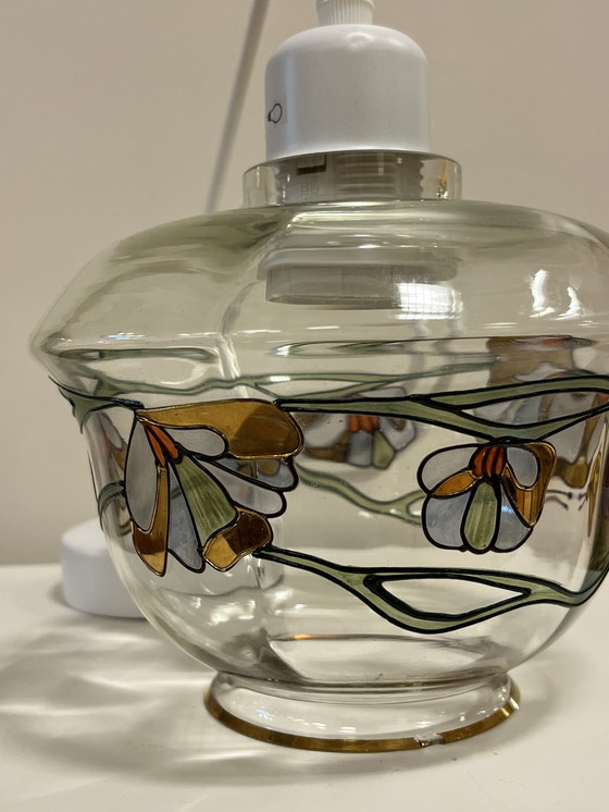 Image 1 of Vintage Hanglamp Glas Gekleurd met Bloemen en Vlinders