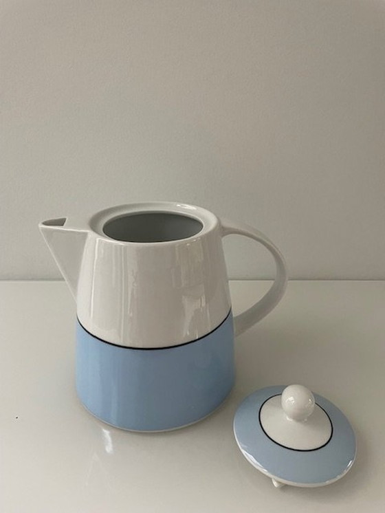Image 1 of Moderne Design Theepot Babyblauw, Wit Met Zwarte Rand