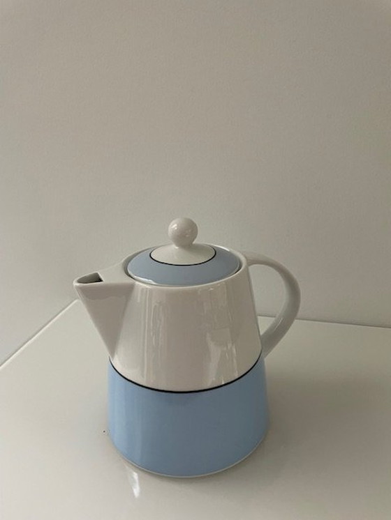Image 1 of Moderne Design Theepot Babyblauw, Wit Met Zwarte Rand