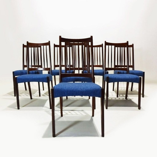 Set van 8 Deense mid century teakhouten en stoffen eetkamerstoelen van Arne Hovmand Olsen voor Mogens Kold