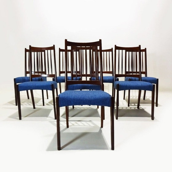 Image 1 of Set van 8 Deense mid century teakhouten en stoffen eetkamerstoelen van Arne Hovmand Olsen voor Mogens Kold