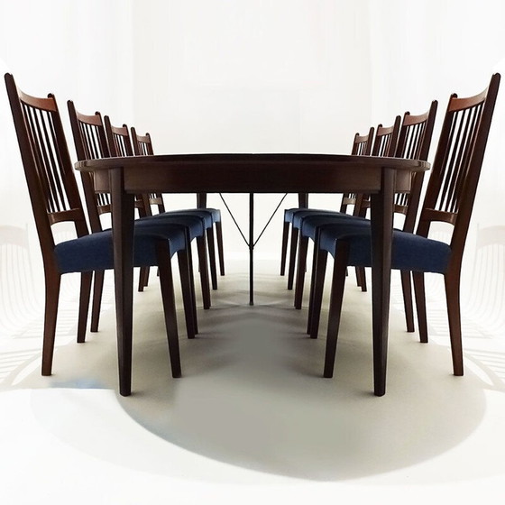 Image 1 of Set van 8 Deense mid century teakhouten en stoffen eetkamerstoelen van Arne Hovmand Olsen voor Mogens Kold