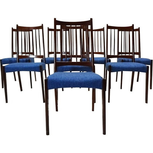 Set van 8 Deense mid century teakhouten en stoffen eetkamerstoelen van Arne Hovmand Olsen voor Mogens Kold